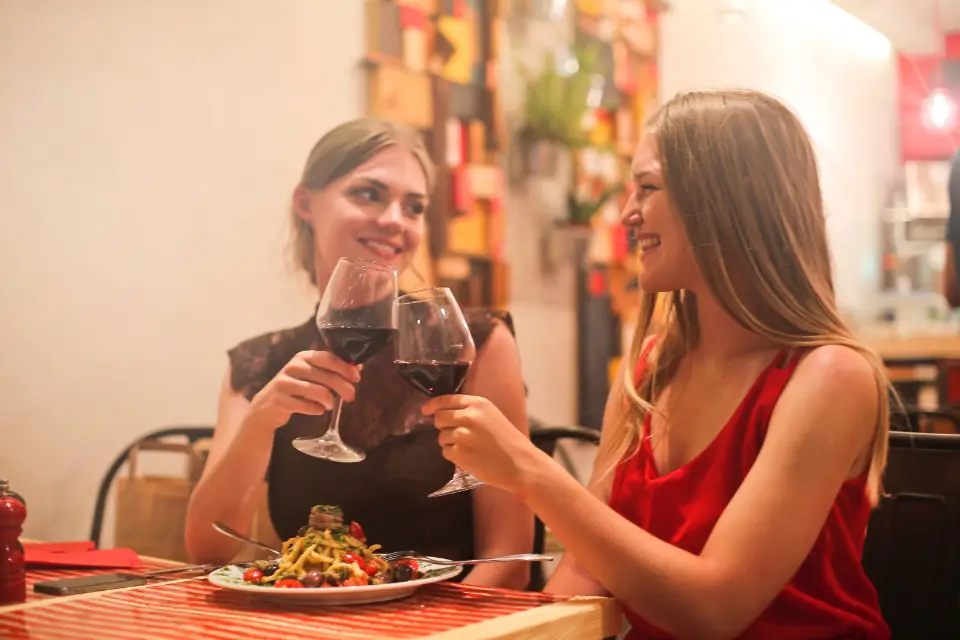 Two friends raising a glass over dinner